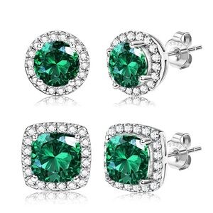 14K White Gold/ 925 Sterling Silver Green Faceted Diamond Cut CZ Unisex Earrings